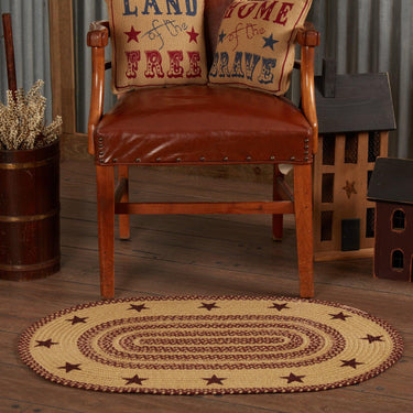 Burgundy Tan Jute Rug Oval Stencil Stars 24x36 - The Fox Decor
